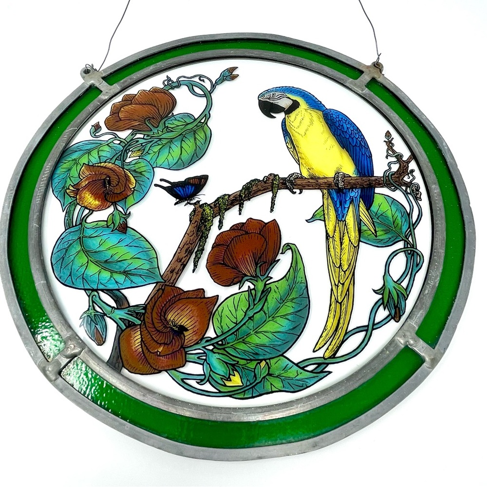 Vintage Art Glass Suncatcher Colorful Parrot Butterfly Stained Glass Art - Picture 3 of 6